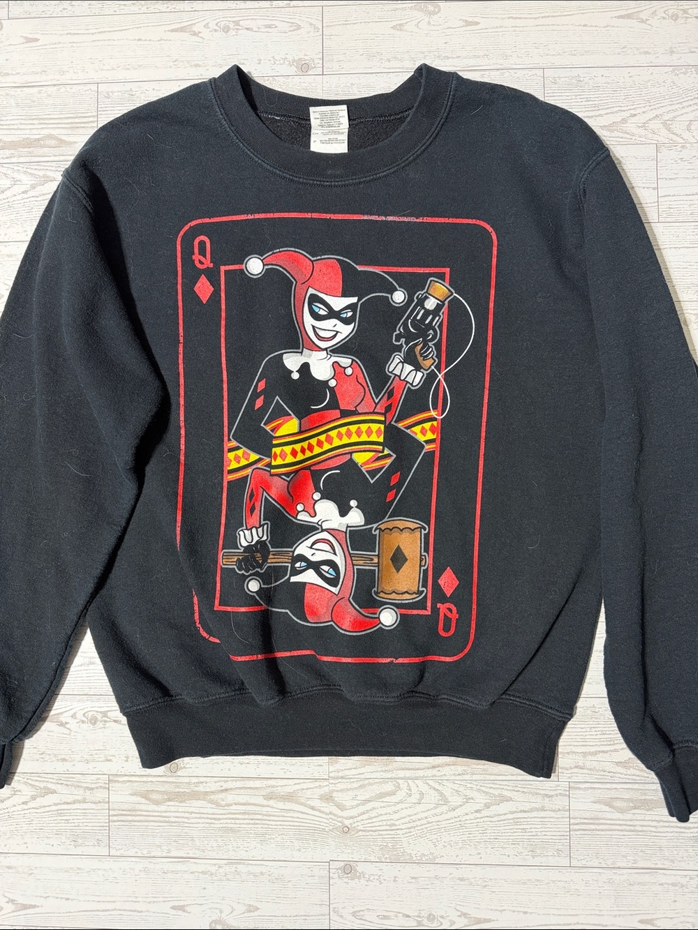 Gildan Black Crewneck Sweatshirt with Red and White Harley Quinn Card Graphic